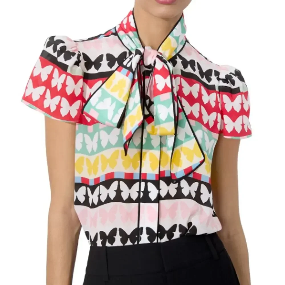 Alice and Olivia Jeannie Butterfly Print Piped Bow Silk Top size S small - Picture 1 of 6